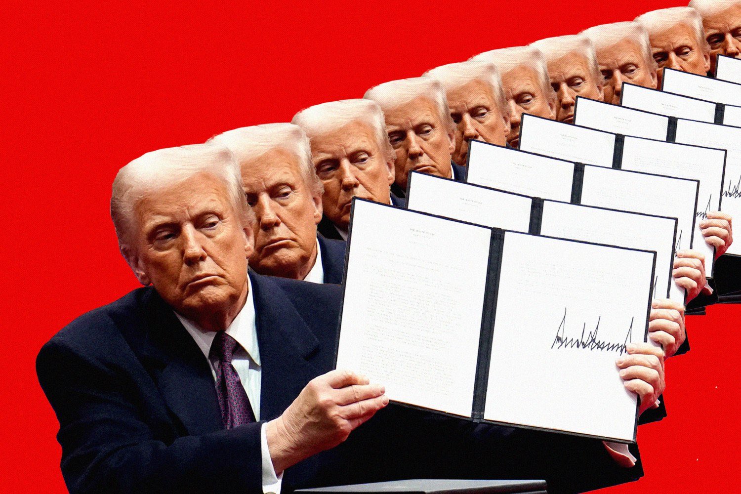 Donald Trump repeatedly holding a signed document